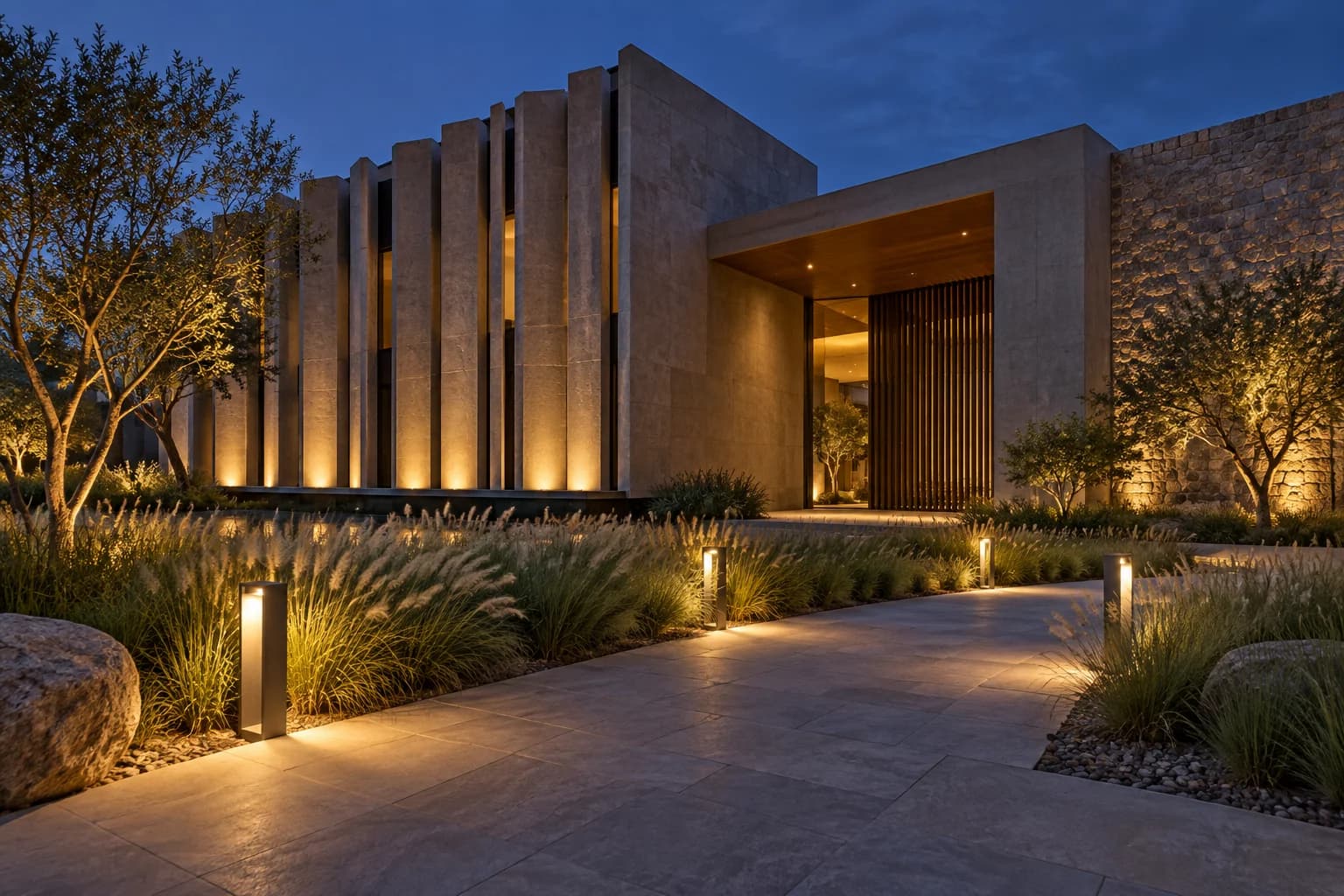 Concept of a stone facade and landscaped pathway illuminated at dusk